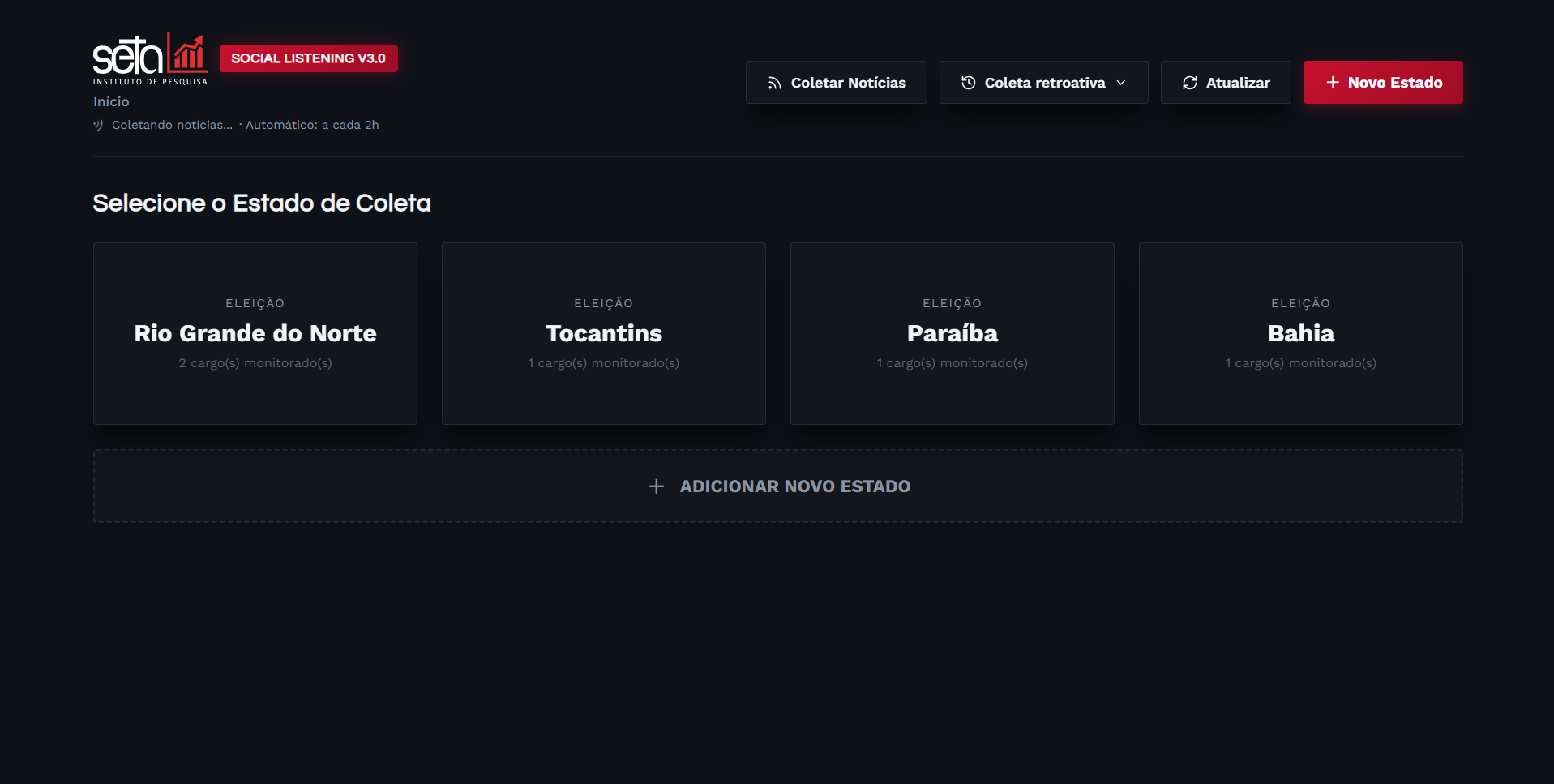 Tela de seleção de estado de coleta na plataforma, com vários estados e cargos monitorados